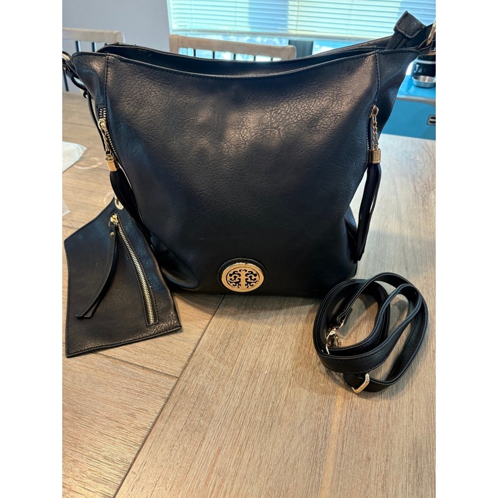 Black Faux Leather Hobo Shoulder Bag with Tassel Accent and Matching‎ Clutch